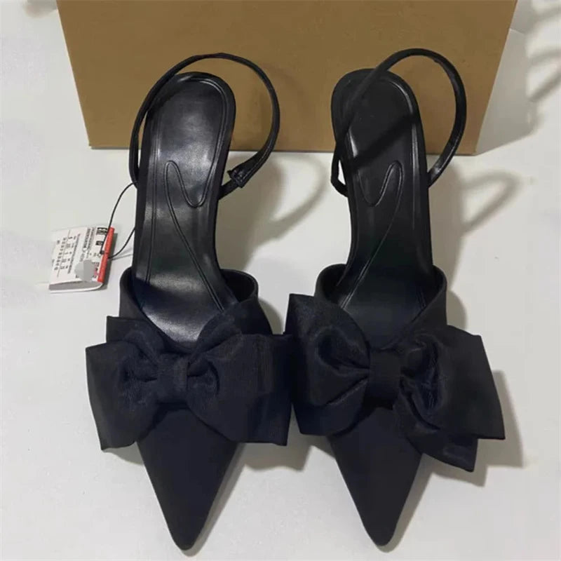 TRAF Black Big Bow Knot High Heel Stilettos New Point Head Slingbacks Pumps For Woman French Sweet Sandals Women Shoes Trend