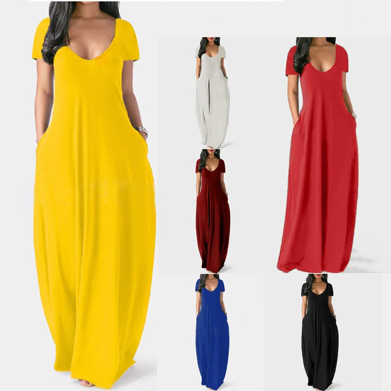 Women's S-5XL Plus  Size New Evening Dress Sexy Large Women's Solid Color Dress Sexy Deep V Short sleeved Long Skirt