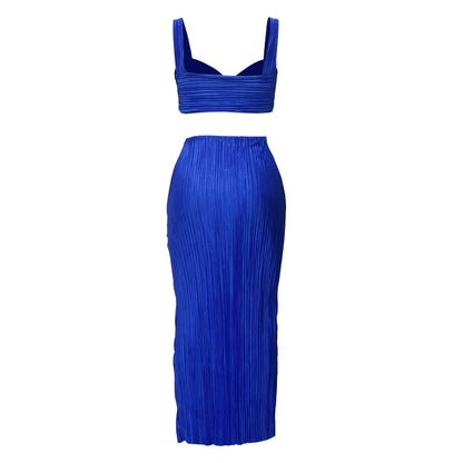 Summer Dresses for Women Two Pieces Set Sexy Backless Halter Top and High Waist Side Slit Pleated Skirt Matching Lady Streetwear