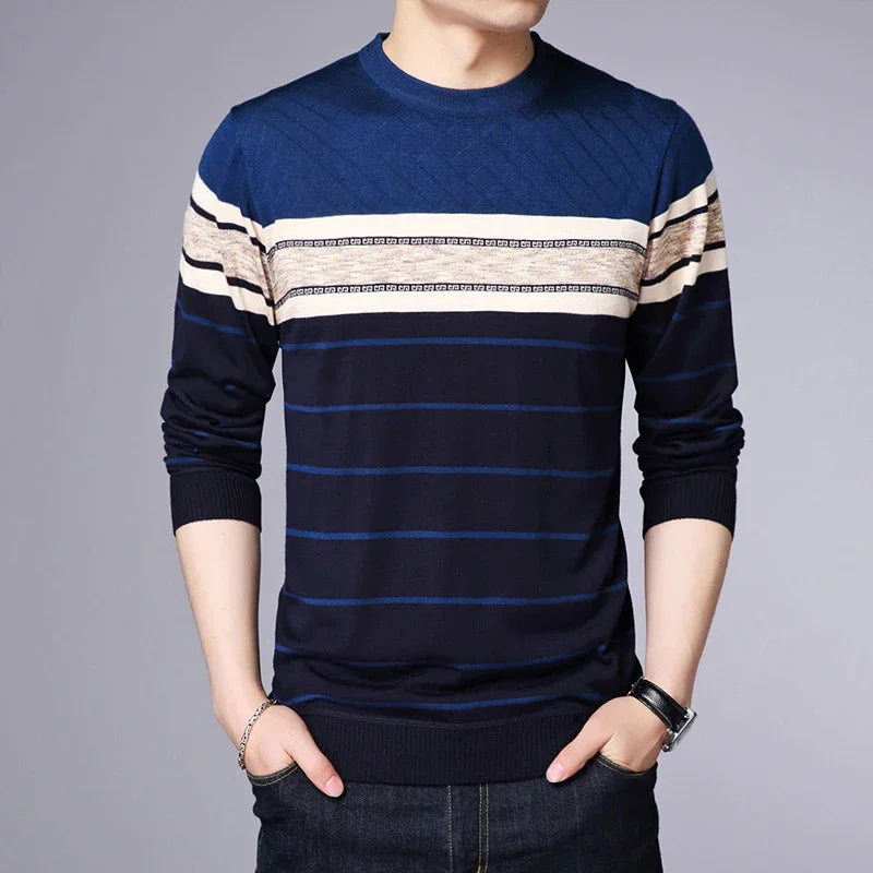 Men's New Fashionable Striped Knitted Shirt Long Sleeved Comfortable All Season Base Shirt Casual Top