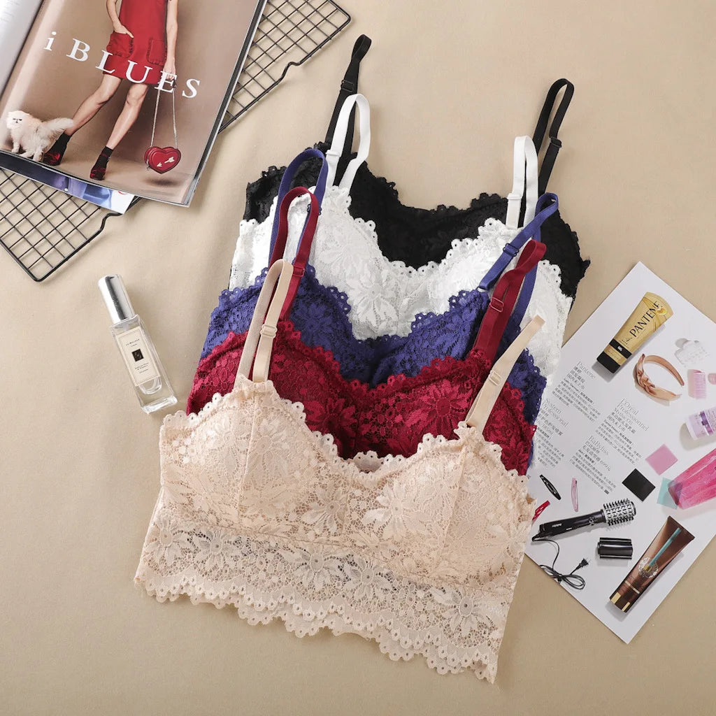 Women Flower Lace Bras Top Comfortable Bralette Solid Color Sexy Underwear Vest Female Hollow Out Wireless Lingerie Seamless Bra