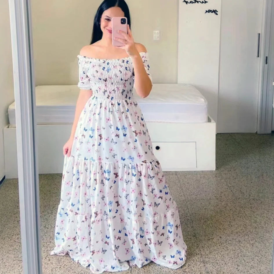 Spring Summer Sexy Off Shoulder Maxi Dress Woman Fashion Flower Print Short Sleeve Dresses For Women 2023 Elegant Party Robe