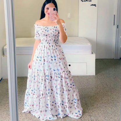 Spring Summer Sexy Off Shoulder Maxi Dress Woman Fashion Flower Print Short Sleeve Dresses For Women 2023 Elegant Party Robe