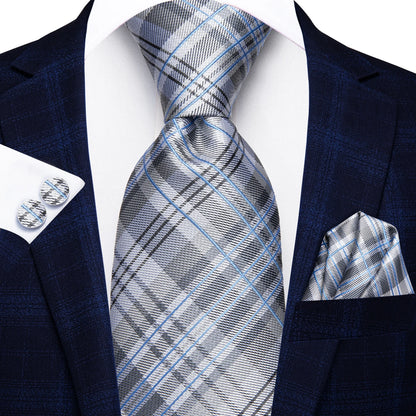 Hi-Tie Designer Silk Wedding Tie For Men Blue White Plaid Handky Cufflink Set Fashion Necktie For Men Business Party Wholesale