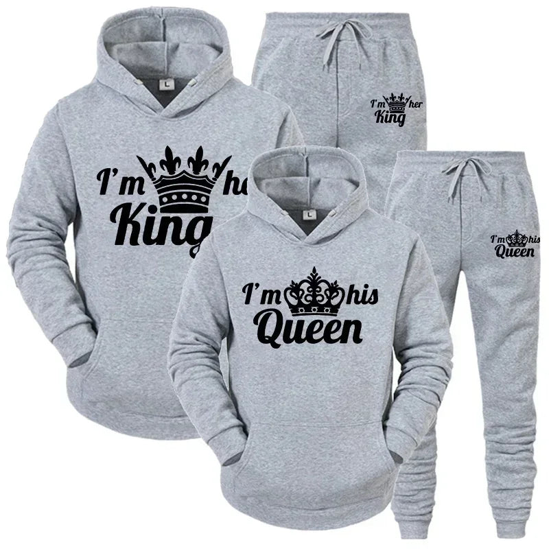 Lover Tracksuit Hoodies Printing QUEEN KING Couple Sweatshirt Hooded Clothes Hoodies Women 2 Piece Set Men Women Sportwear