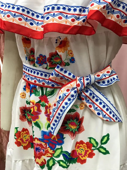 2024 Spring Summer Women's New Sexy One Shoulder Off Shoulder Fashion Red Flower Printed Lace Up Waist Long Swing Dress