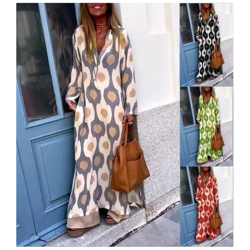 Spring Autumn Casual V Neck Long Sleeve Dress Women Fashion Geometric Printing Split Maxi Dresses Holiday Beach Boho Dress 2024
