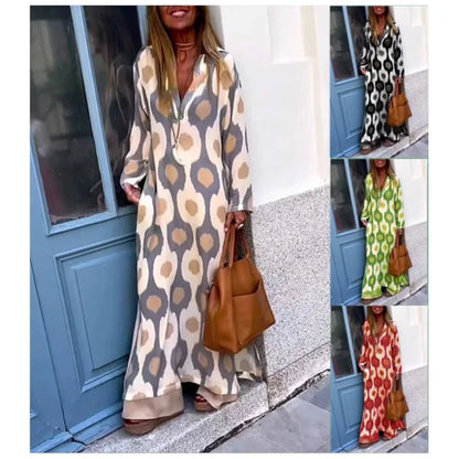Spring Autumn Casual V Neck Long Sleeve Dress Women Fashion Geometric Printing Split Maxi Dresses Holiday Beach Boho Dress 2024