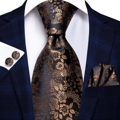 Hi-Tie Paisley Brown Tie For Men Elegant Mens Necktie Pocket Square Cufflink Groom Wedding Accessory Wholesale New Designer