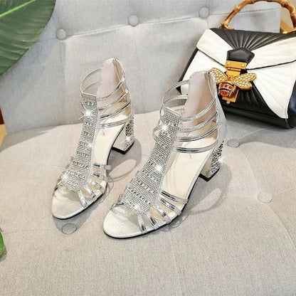 Silver Gold Sandals Peep Toe Chunky Heels New Women Wedding Shoes Ankle Boots Sandal Open Toe High Heels Dress Gold Bling Pump