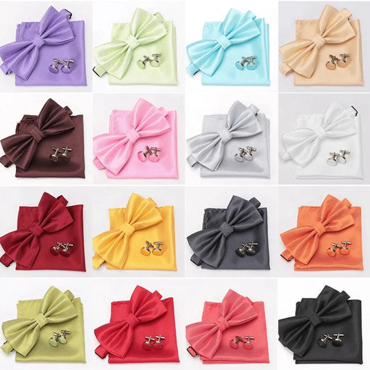 Multicolor Bowtie Pocket Square Cufflinks Sets Classic Solid Color  Bowtie Wedding Party Formal Gift Plaids Adjust Neck Bow Tie