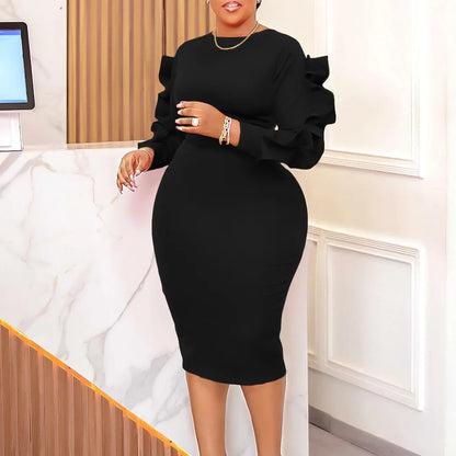 Elegant Office Dresses for Woman 2024 New O Neck Petal Sleeve Sheath Package Hips Mid Calf Formal Business Work Wear Dress Midi