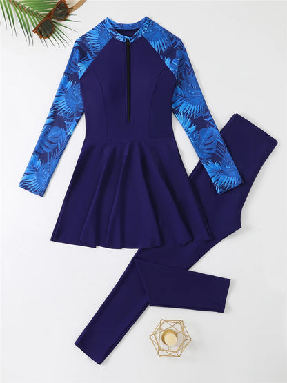 Front Zipper Surfing Swimsuit Dress & Beach Pants 2025 Women 2-Piece Sun Protection Swimwear Female Sport Diving Swimming Suits