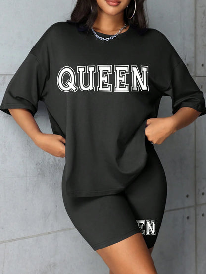 Plus size fashionable all-match shorts short-sleeved suit queen letter print simple and comfortable two-piece suit 2024 New
