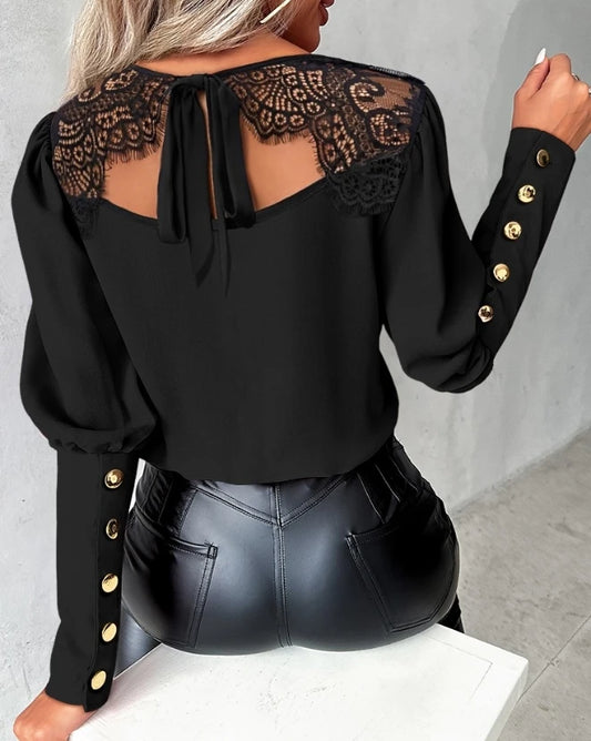 Female Clothing T-Shirts Pullover Tops Sexy Eyelash Lace Patch Tied Detail Top 2023 Autumn Winter Spring New Fashion Casual