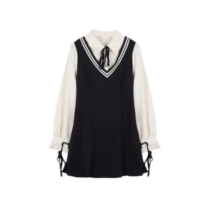 Spring Summer Fashion Fake Two Pieces Dresses Women High Street Turn-down Collar Long Sleeve Dress Elegant Button Bow Vestidos
