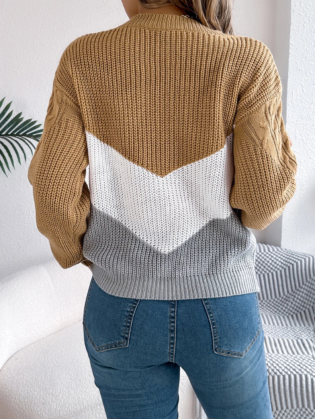 New Autumn Winter Color-blocking Lantern Sleeve Fashion Knitted Pullover Sweater Jersey Invierno Mujer Sweaters Womens Top Femme