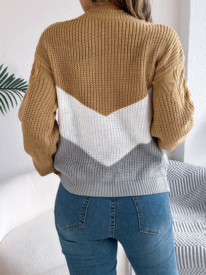 New Autumn Winter Color-blocking Lantern Sleeve Fashion Knitted Pullover Sweater Jersey Invierno Mujer Sweaters Womens Top Femme