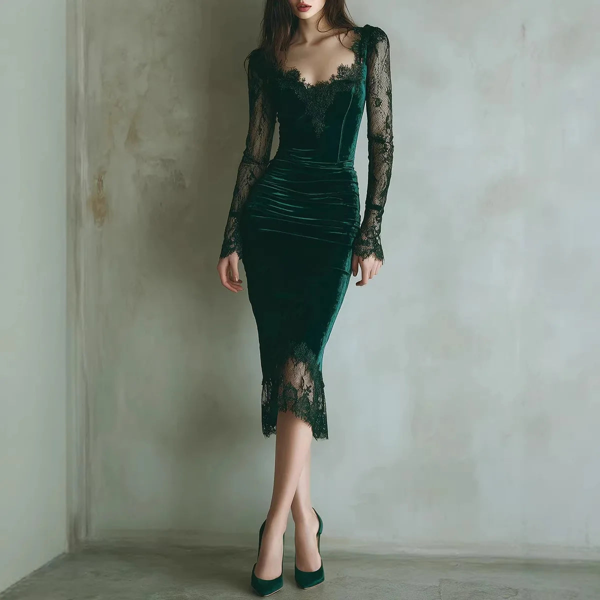 Women’s Velvet Ruched Bodycon Midi Dress with Square Neck and Sheer Mesh Long Sleeve Slim Fit Elegant Party Dress