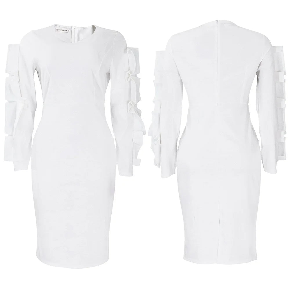 Elegant Office Dresses for Woman 2024 New O Neck Petal Sleeve Sheath Package Hips Mid Calf Formal Business Work Wear Dress Midi