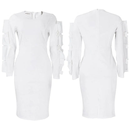 Elegant Office Dresses for Woman 2024 New O Neck Petal Sleeve Sheath Package Hips Mid Calf Formal Business Work Wear Dress Midi