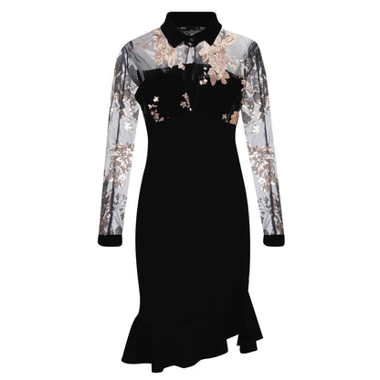 Spring Summer Sexy Mesh Ruffle Dress 2024 Wome Long Sleeve Irregularity Midi Dress Fashion Print Elegant Party Dresses