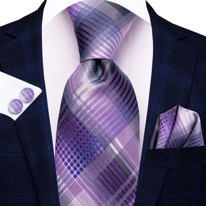 Hi-Tie Designer Silk Wedding Tie For Men Blue White Plaid Handky Cufflink Set Fashion Necktie For Men Business Party Wholesale