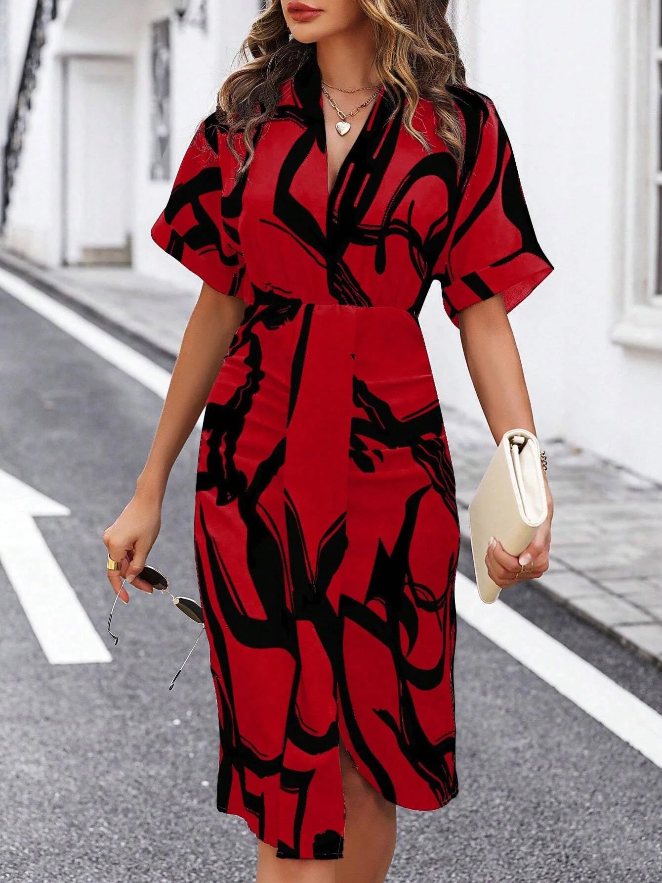 Summer Fashion Patterns Printed Short Sleeve Midi Dress Elegant Women's V Neck High Waist Slim Fit Irregulare Split Dresses Robe