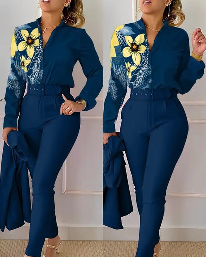 Women's Elegant Autumn/Winter Printed V-Neck Long Sleeve Button Shirt Top Fashion Solid Color Long Pants 2 Piece Set With Belt