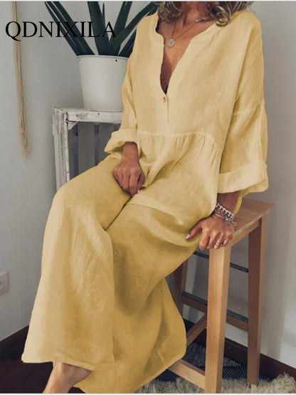 New in Spring Elegant Long Dresses for Women Long Sleeved V-neck Fashion Summer Dresses 2024 Loose Retro Female Clothing Robe