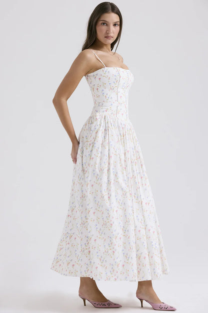 Spring Floral Print Chiffon Holiday Beach Dress Women Sexy V Neck Backless Sling Long Dress Summer Sleeveless Pleated Maxi Dress
