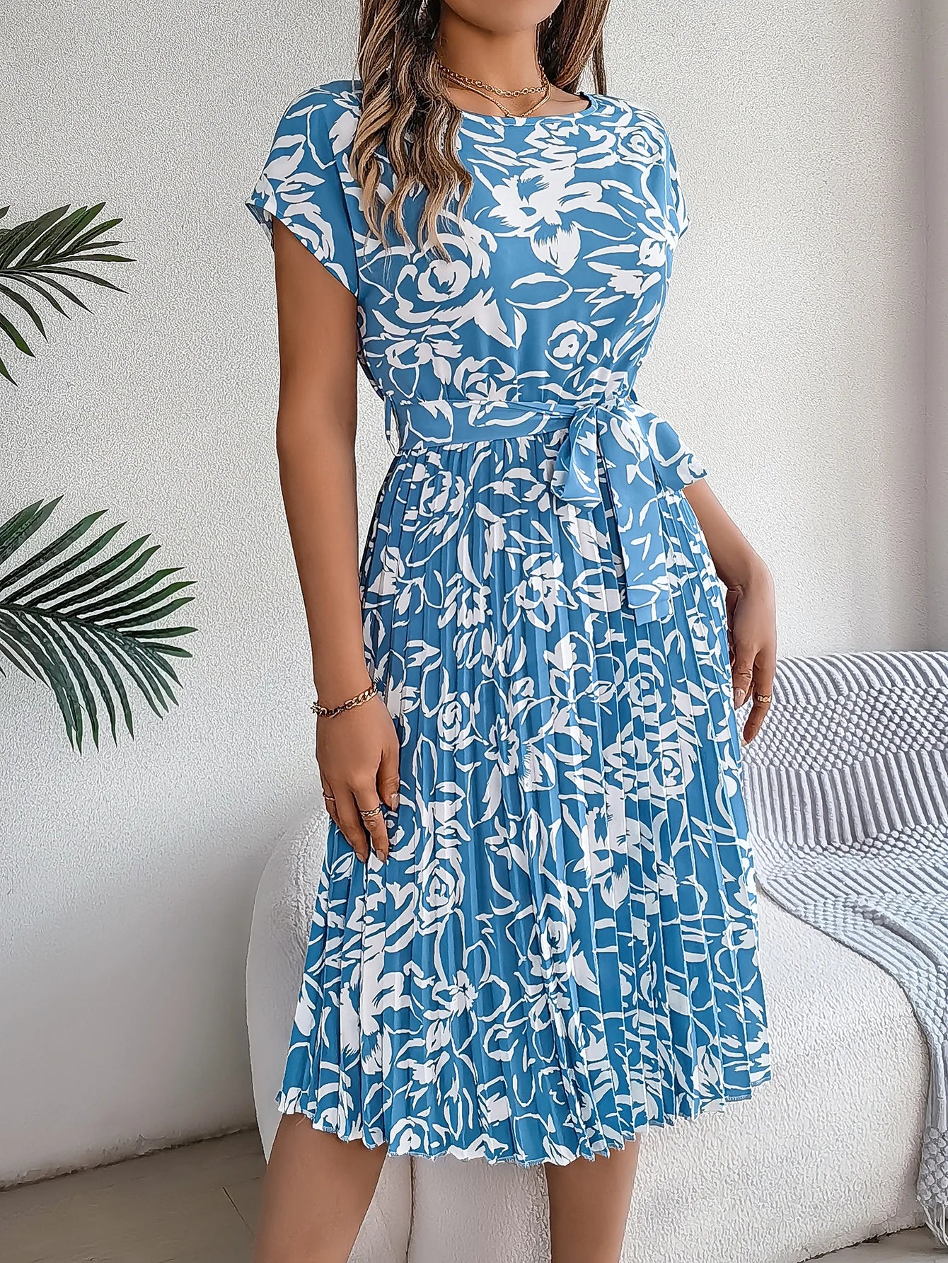 Spring Summer Elegant Flower Print Dress Short Sleeve Folded Dresses for Women Mother's Day