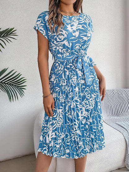 Spring Summer Elegant Flower Print Dress Short Sleeve Folded Dresses for Women Mother's Day