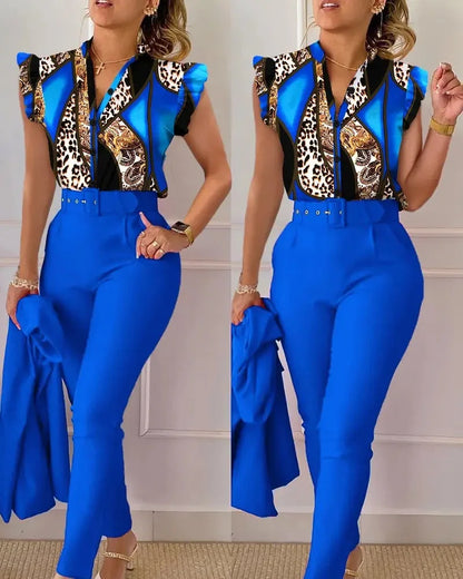 Elegant Women Printed Two Piece Suit Sets Spring Autumn V Neck Short Sleeve Shirt Top & Long Pants Set With Belt Workwear Outfit