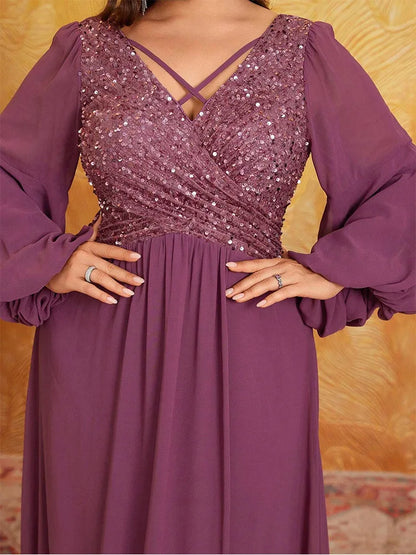 Plus size pink sequined long-sleeved sequined floor-length chiffon evening dress Big Size luxury sparkling banquet Prom Gown