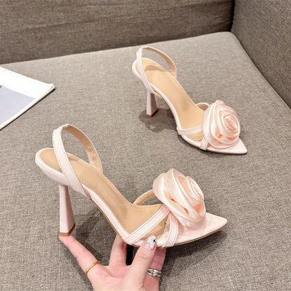 Liyke Summer Fashion Silk Rose Flowers Pointed Open Toe Back Strap Sandals Women Red High Heels Wedding Prom Shoes Zapatos Mujer