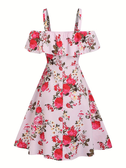 New spring and summer women's fashion from Europe and America: floral print off-shoulder ruffle dress
