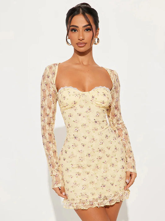 Spring Women Mini Dresses Sexy Lace Print See Through Dresses Fashion Long Sleeves Casual Slim Elegant Female Club Party Dress