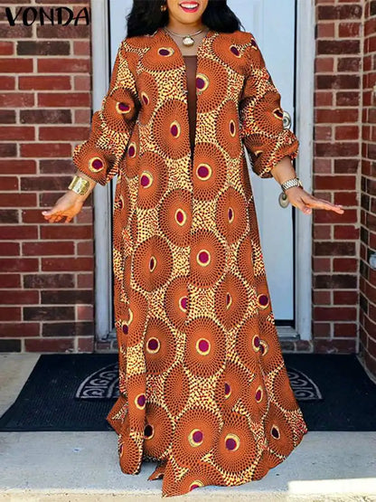 Plus Size Cover-ups VONDA Women Long Cardigans 2025 Bohemian Printed Long Sleeve Shirt Casual Loose Fashion Vintage Beach Top