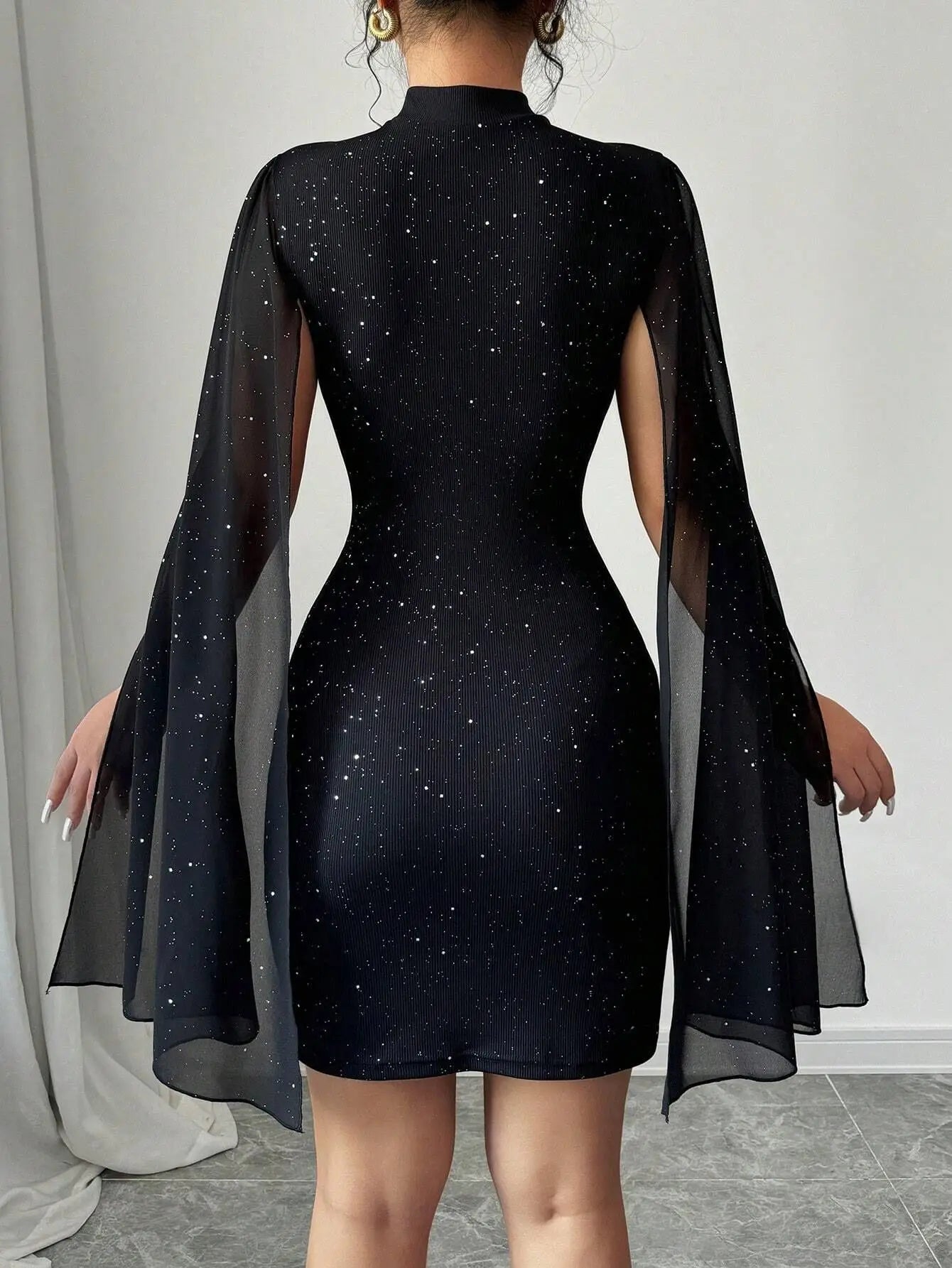 Spring New Party Tight Sexy Dress Women O Neck Solid Fashion Sequin Cape Mesh Women's Mini Skirt With Hip Wrap Dress Vestidos