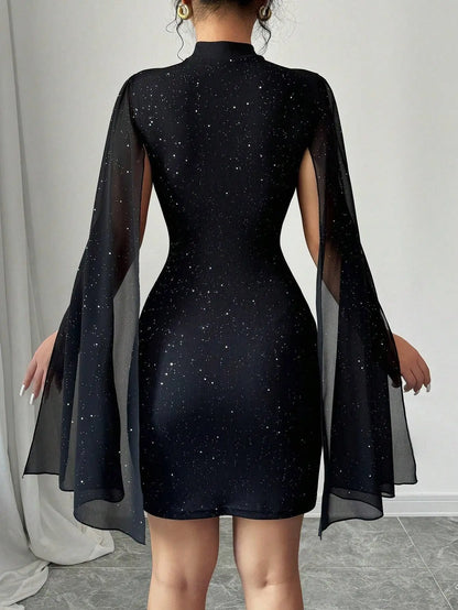 Spring New Party Tight Sexy Dress Women O Neck Solid Fashion Sequin Cape Mesh Women's Mini Skirt With Hip Wrap Dress Vestidos