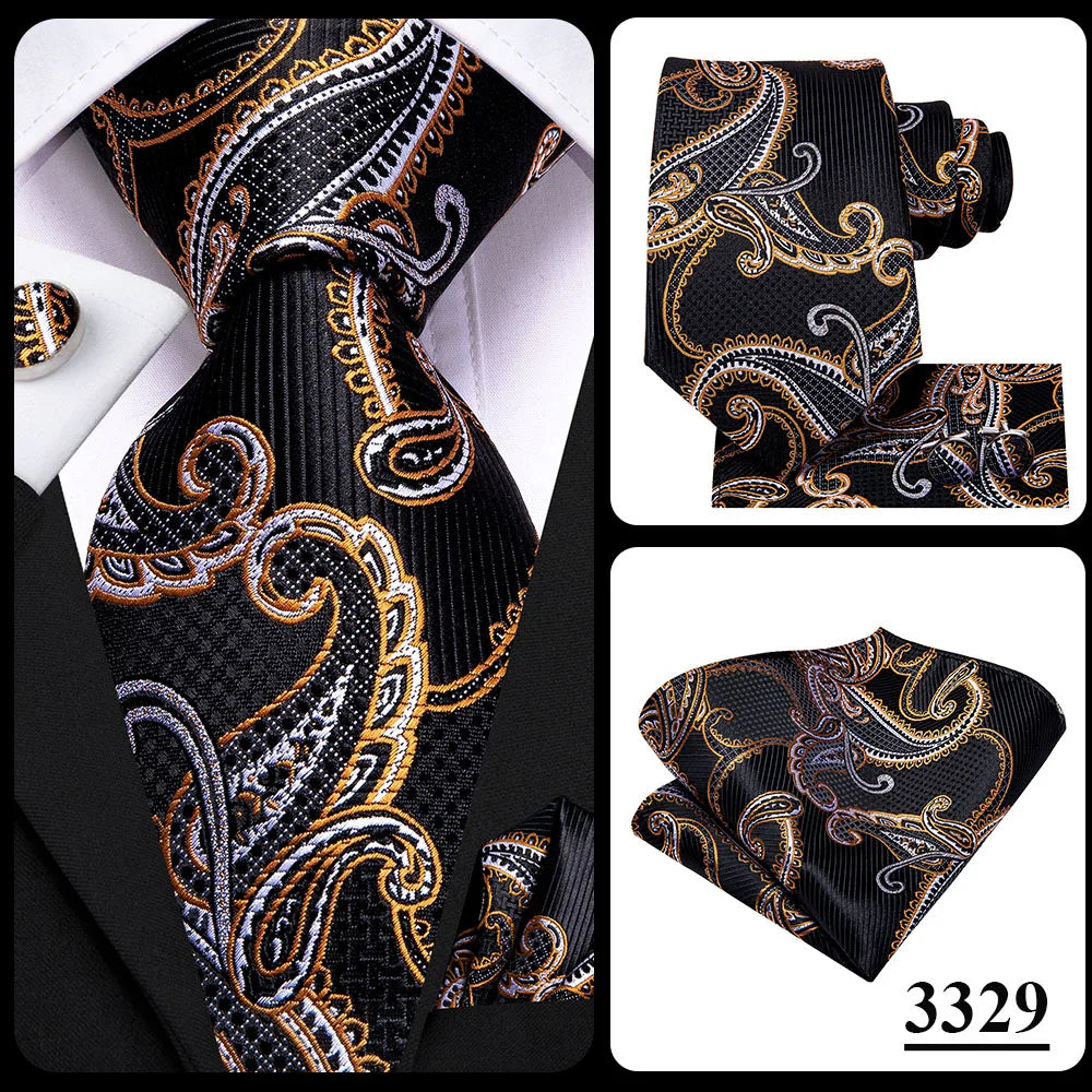 Hi-Tie Psialey Black Gold Silk Elegant Tie For Men Groom Wedding Men Necktie Pocket Square Cufflink Accessory Wholesale Designer