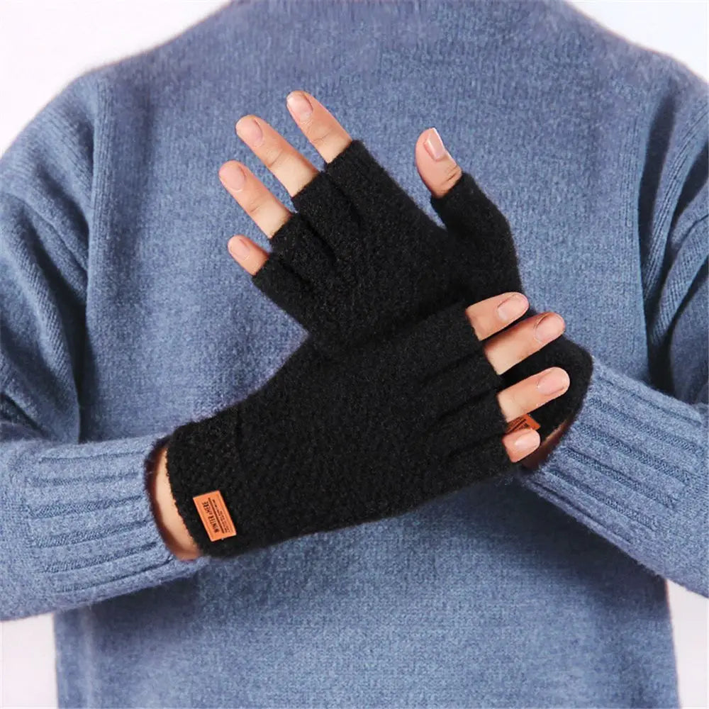 Winter Fingerless Gloves For Men Half Finger Writting Office Knitted Alpaca Wool Warm Leather Label Thick Elastic Driving Gloves