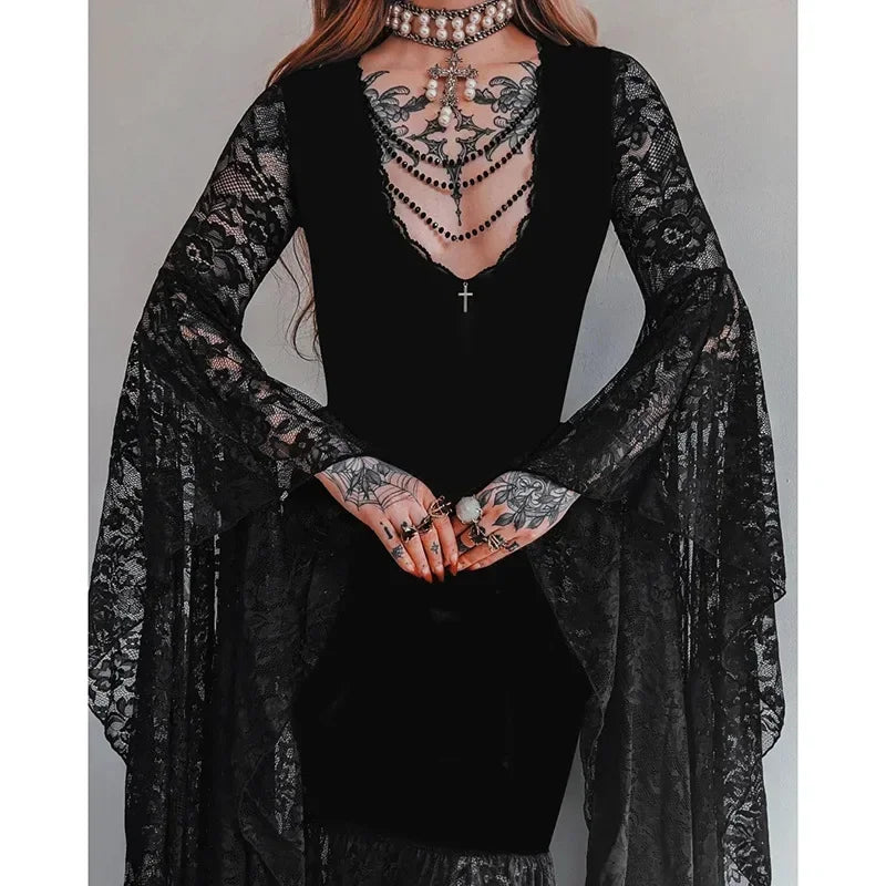 Y2K Goth Floral Lace Mesh Flared Sleeve Bodycon Party Dresses Sexy Vintage Elegant Black Velvet V-Neck Long Dress Partywear