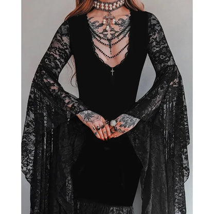 Y2K Goth Floral Lace Mesh Flared Sleeve Bodycon Party Dresses Sexy Vintage Elegant Black Velvet V-Neck Long Dress Partywear