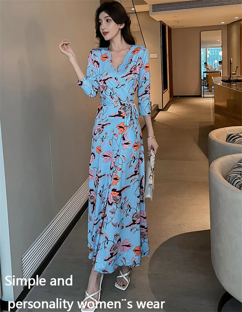 FANIECES Summer Wrap Dresses Women Sexy V Neck Split Maxi Dress Print Female Casual Beachwear Lace Up Party Vestidos Robe платье