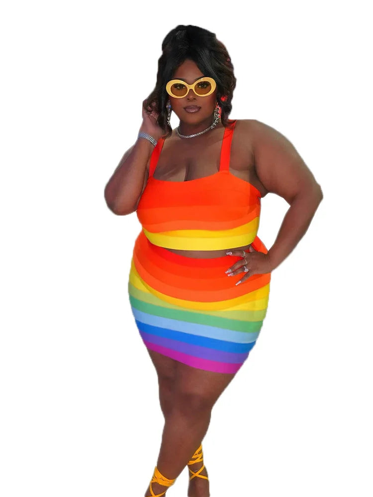 Wmstar Plus Size Dress Sets Womens Clothing Two Piece Set Vest Top and Skirts Striped Summer New Outfits Wholesale Dropshipping