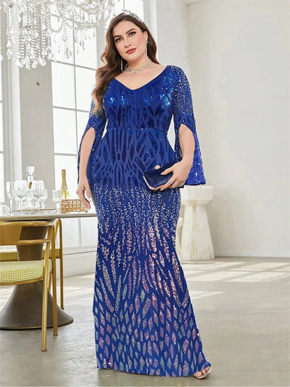Plus Size Elegant Sequin Black Evening Dress 2025 Women Formal Maxi Prom Long Sleeves Party Luxury Cocktail Bridesmaid Gowns