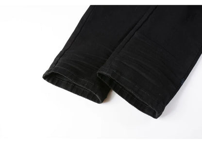 High street fashion new men's black jeans stretch slim fit retro washed leather patch jeans hip-hop brand designer pants Hombre