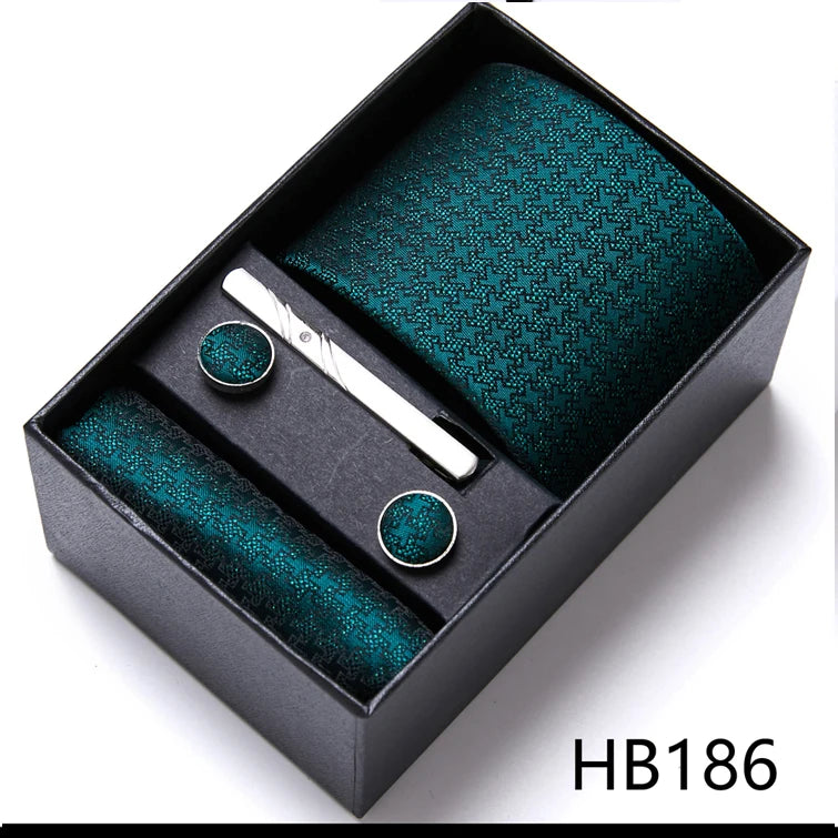 Top Quality 7.5 cm Business Ties Hanky Cufflink Set Tie Clips Green Necktie Corbatas For Men Wedding In Gift Box Gravatas